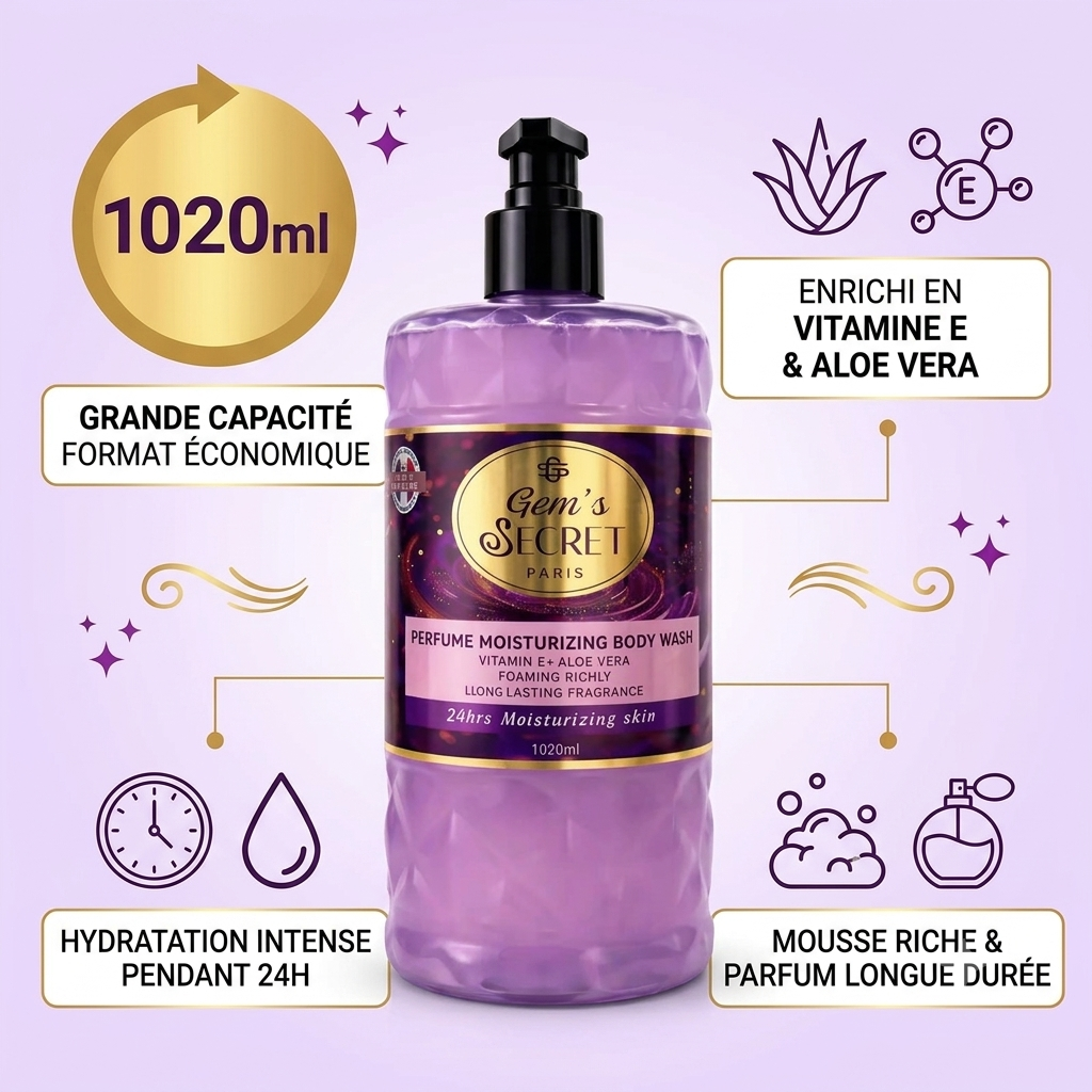 Gel Douche Hydratant Parfumé Vitamine E & Aloe Vera – Gem’s Secret Paris 1020ml – Image 4