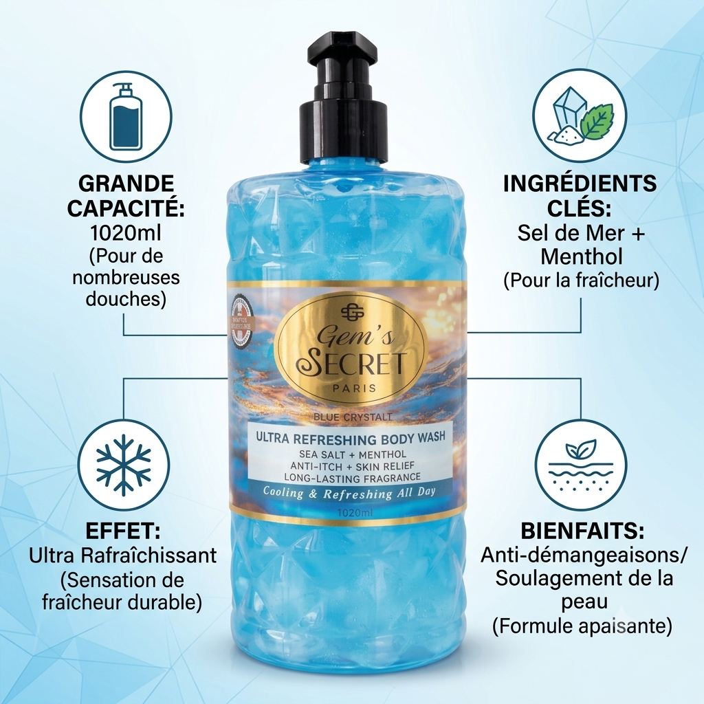 Gel Douche Ultra Rafraîchissant Menthol & Sel Marin – Gem’s Secret Paris 1020ml – Image 2
