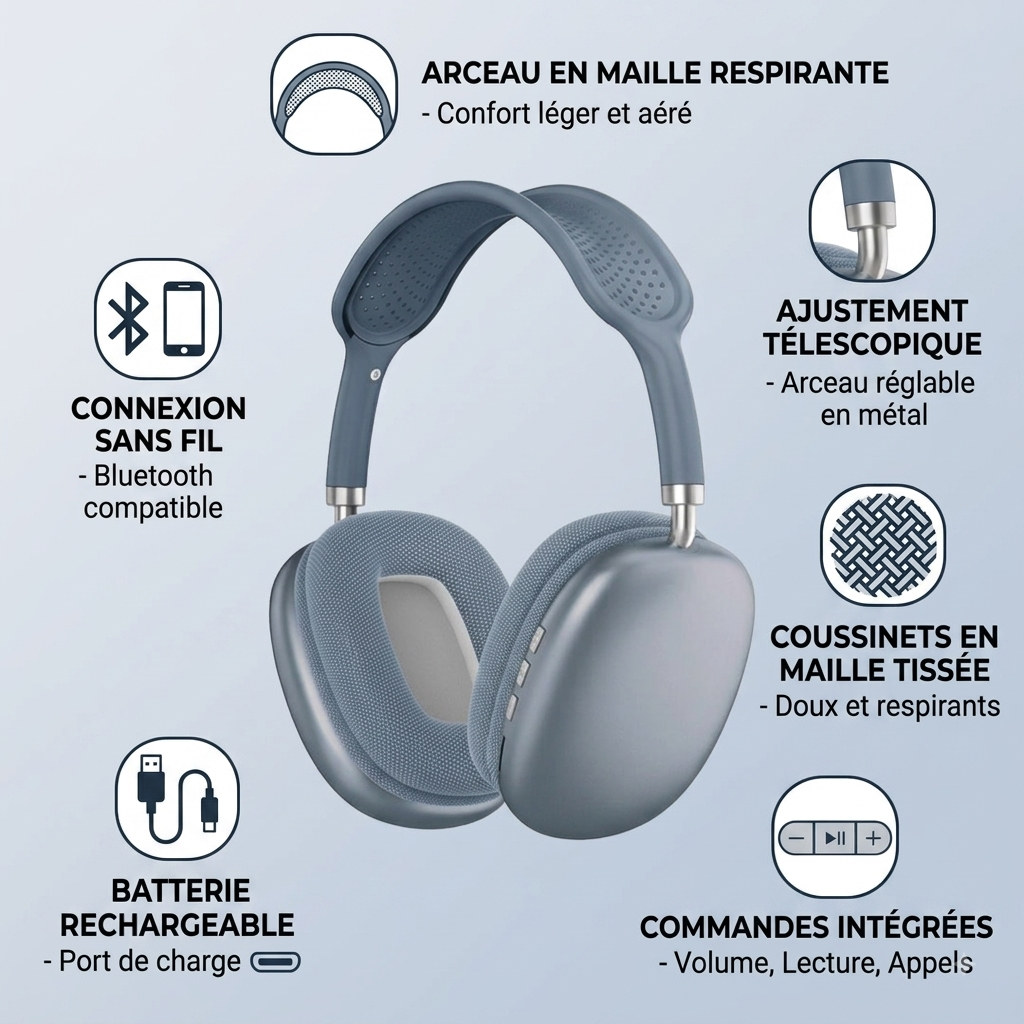 Casque Bluetooth P9 Bleu Sans Fil – Image 3